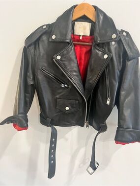 Maje Black Leather Biker Jacket with Red Lining size 38